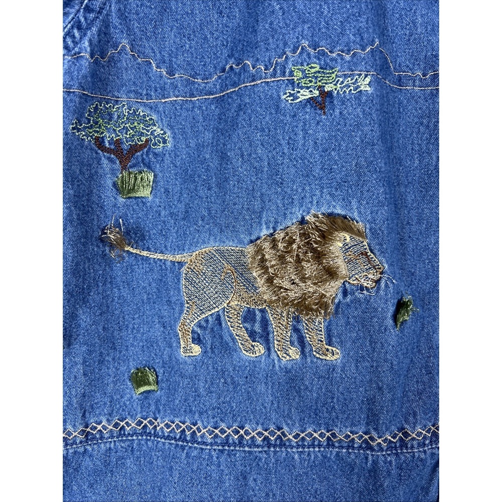 Vintage Lemon Grass Safari Denim Blouse Lion Zeba Embroidery Size Petite‎ Medium